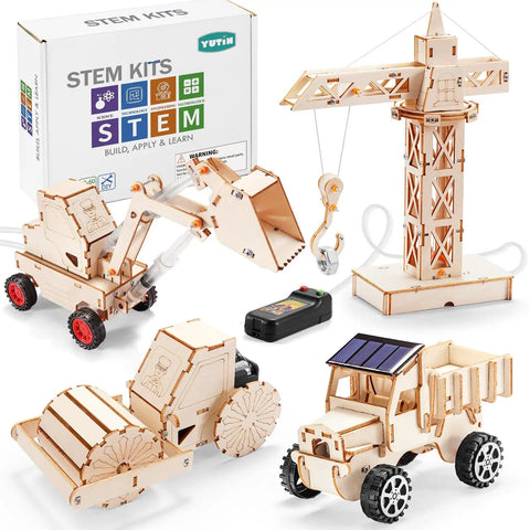 4 In 1 Wood Building STEM Kit For Kids 8 To 12 With Tower Crane, Hydraulic Loader, Solar Powered Truck, and Road Roller, DIY Set