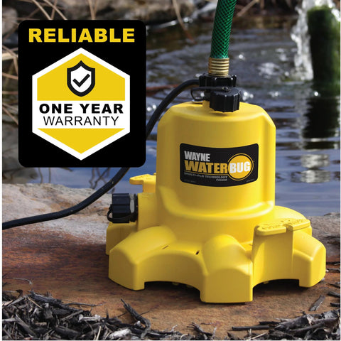Front view of Wayne WaterBUG 1/6 HP submersible pump, yellow with black label and attached hose on a molded base.