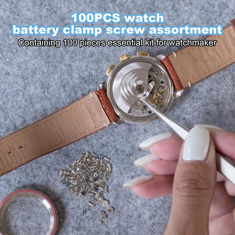 Person using a tool on watch with screws from Watch Screws Kit 100 Pieces Micro Screw Assortment For Battery Clamp Replacement And Quick Watch Repair Gear Fits Most Watches Replacing Lost Screws And Fastening Back Covers For Diyers