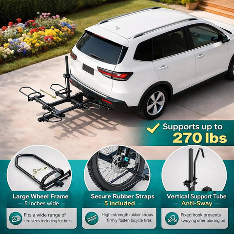 Folding Trike Rack Hitch Mount For Etrikes And Ebikes Beastly Heavy Duty Bike Carrier Supports Up To 270 Lbs Durable Steel With Easy Fold And Secure Load For Daily Hauling, 2-inch hitch, 5-inch tire frame
