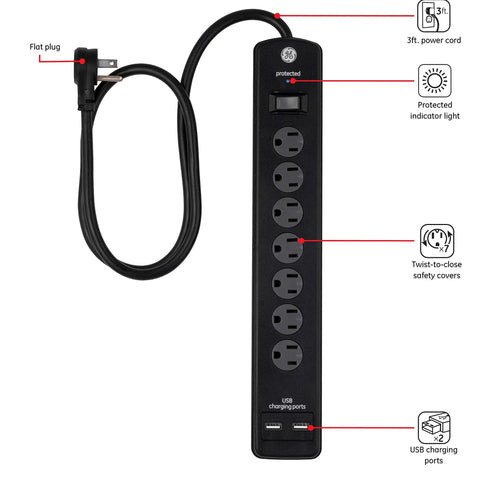 Black 7-Outlet Surge Protector Go-To Power Hub With 2 USB Ports, 3ft Cord, 1300 Joules, flat plug, safety covers, indicator light