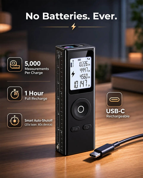Ultra-Compact Laser Distance Meter Keychain Tool, USB-C Rechargeable, with backlit display on wooden surface