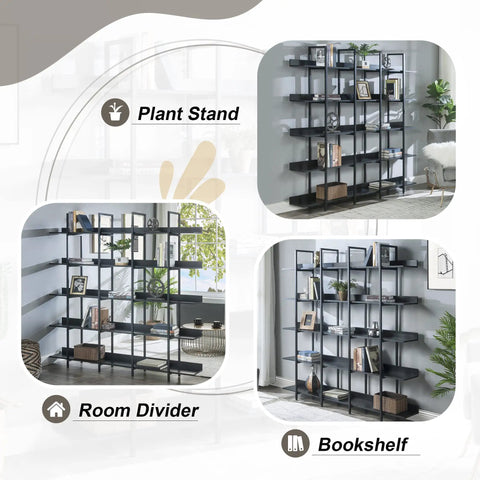 Five Shelf Vintage Industrial Bookcase With Black Metal Frame And MDF Shelves as plant stand, room divider, bookshelf