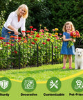 19 Pack Decorative Garden Fence Panels Set With No Dig Install 24 Inch High Outdoor Border Fencing shown with flowers and dog