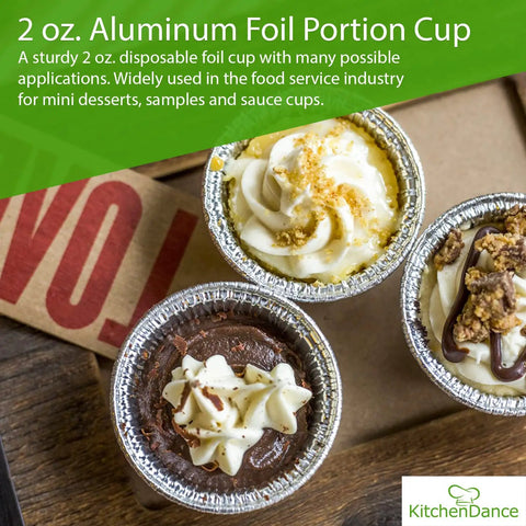 Heavy Duty Disposable Aluminum Ramekin Cups 2 Oz Silver Mini Bakeware For Baking Storing And Preparing Food with desserts inside