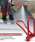 Roofer using HTSL25E2 Pro Roofer Grade Roof Eaves Seam Bender Red for standing seam metal roofing installation.