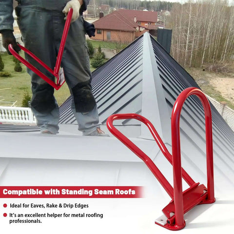 Roofer using HTSL25E2 Pro Roofer Grade Roof Eaves Seam Bender Red for standing seam metal roofing installation.