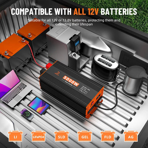 Heavy Duty 5000W Power Inverter Converts 12V DC To 120V AC With 3 AC Outlets And USB Type C Ports Built Different For RV Truck Boat Tailgating And Off Grid Solar Adventures in truck bed with batteries and devices.