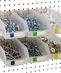 Extra Large Clear Pegboard Bins 6 Pack With Hooks For Any Peg Board Ultra Strong Storage with screws and bolts visible
