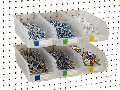 Extra Large Clear Pegboard Bins 6 Pack With Hooks For Any Peg Board Ultra Strong Storage with screws and bolts visible