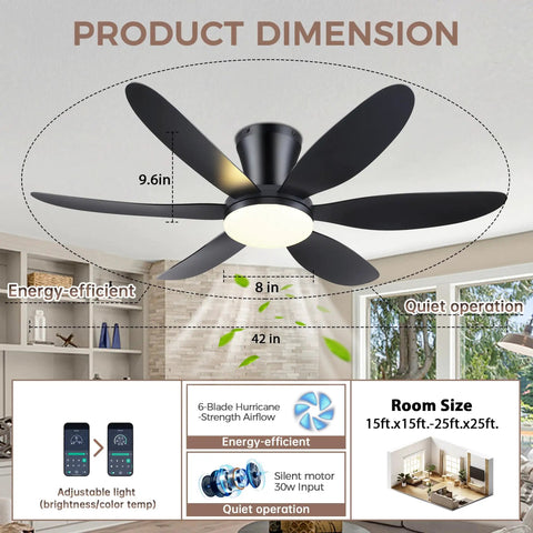 Low Profile 42 Inch Ceiling Fan With Lights And Remote Control Quiet Noiseless Dimmable Flush Mount Black For Bedroom