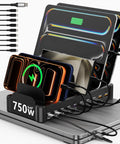 10 Port USB-C Desktop Charging Station With 750W Total Output, 5 USB-C 120W Each And 5 USB-A 30W Each displaying devices charging