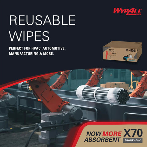 PowerClean X70 Medium Duty Cloths For Industrial Cleaning, absorbent white towels box displayed in factory setting