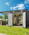 Two In One Outdoor Storage Shed And Gazebo Combo With Heavy Duty Metal Frame, Six By Four Ft Storage Shed Plus Twelve By Four Ft Open Sided Pergola in a garden