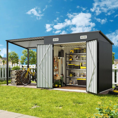 Two In One Outdoor Storage Shed And Gazebo Combo With Heavy Duty Metal Frame, Six By Four Ft Storage Shed Plus Twelve By Four Ft Open Sided Pergola in a garden
