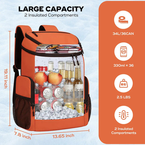 Orange insulated cooler backpack for 36 cans keeps drinks cold up to 16 hours, showing spacious compartments with ice and drinks.