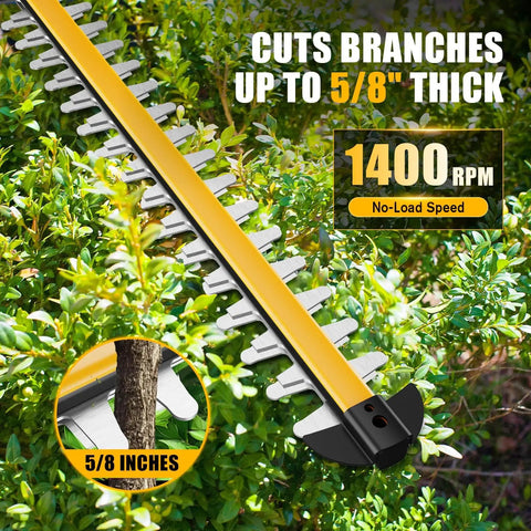 Close-up of yellow hedge trimmer blade cutting branch, featuring 1400 RPM speed and 5/8 inch cutting capacity