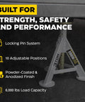 Pair of 3-ton Amazon jack stands, gray powder-coated steel with locking pin system and 10 adjustable positions.