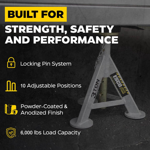 Pair of 3-ton Amazon jack stands, gray powder-coated steel with locking pin system and 10 adjustable positions.