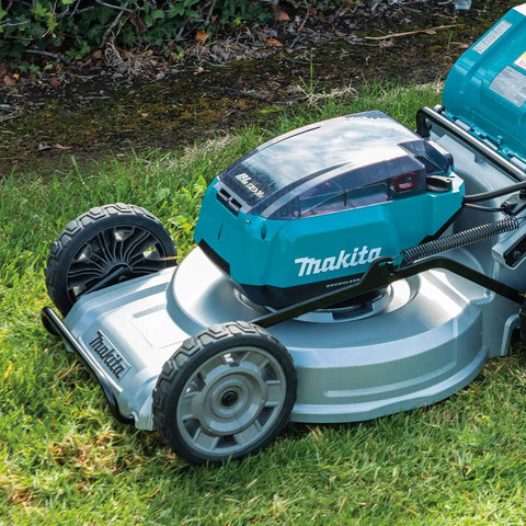 Pro Grade 21 Inch Cordless Self Propelled Lawn Mower in grass, featuring a brushless motor and aluminum deck.