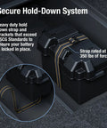 Rock Solid Battery Storage Box With Heavy Duty Mounting Strap Built Tough As Nails For Marine And Rv Use, secure hold-down system with 350 lb strap.