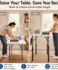 Before and after images showcasing Heavy Duty Folding Table Leg Extenders With Four Level Adjustable Height Risers for ergonomic use.