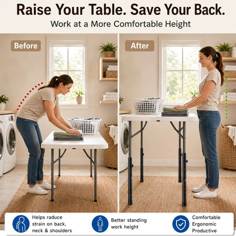 Before and after images showcasing Heavy Duty Folding Table Leg Extenders With Four Level Adjustable Height Risers for ergonomic use.