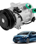 Premium Air Conditioner AC Compressor With Clutch For Hyundai Elantra 2014 2016 And Kia Forte 2014 2016 showing mounting details and connections.