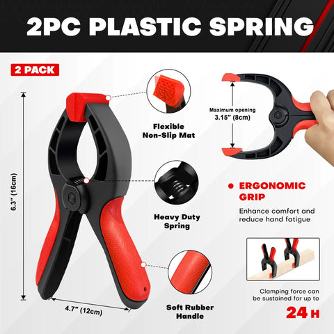 2-piece plastic spring clamp with ergonomic grip, 6.3-inch size, non-slip mat, heavy-duty spring, part of 10-Piece Bar Clamp Set With 12-Inch And 6-Inch Dual-Size Quick Release Ratcheting Wood Clamps, 150-Lb Load Capacity, Includes Plastic Spring Clamps, Your Go-To Gear For Woodworking, Gluing, Framing And DIY Projects.