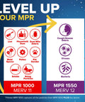 Comparison chart showing Filtrete MPR 1000 MERV 11 capturing allergens and microparticles, versus MPR 1550 MERV 12 capturing more debris.