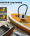 Cordless Electric Paddle Board Pump With Auto Off And Dual Stage Inflation Deflation 7 Nozzles next to a SUP on sandy beach