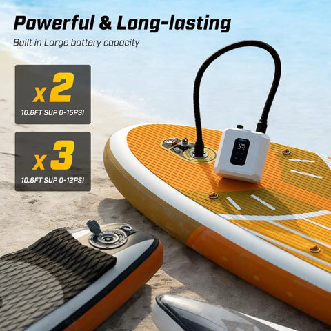 Cordless Electric Paddle Board Pump With Auto Off And Dual Stage Inflation Deflation 7 Nozzles next to a SUP on sandy beach