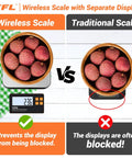 Comparison of wireless kitchen scale with detachable remote display vs traditional scale, showing ease of view while weighing fruit.