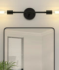 Modern Black Two Light Bathroom Vanity Sconce And Semi Flush Ceiling Fixture on wall above mirror, matte steel, 16.7L x 4.7W inch.