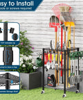 T1 Garden Tool Organizer With Lockable Wheels Heavy Duty Garage Storage For Yard Shed Outdoor And Lawn Freestanding Tool Organizer Stores Up To 50 Tools Black With Anti Tip Device showcasing tools and installation details