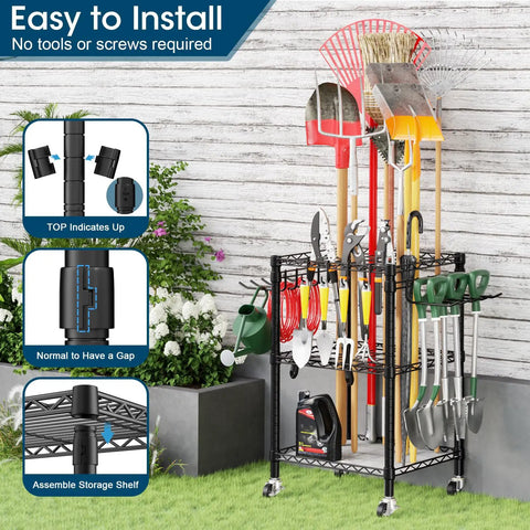 T1 Garden Tool Organizer With Lockable Wheels Heavy Duty Garage Storage For Yard Shed Outdoor And Lawn Freestanding Tool Organizer Stores Up To 50 Tools Black With Anti Tip Device showcasing tools and installation details