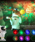 Child with space helmet using Nebula Star Projector Galaxy Light With Remote And Timer, colorful nebula sky projection.
