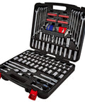 152 Piece Drive Mechanics Tool Set With 1/4, 3/8, And 1/2 Inch Sockets, 72 Tooth Seal-Head Ratchet in open case visible
