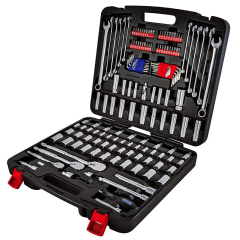 152 Piece Drive Mechanics Tool Set With 1/4, 3/8, And 1/2 Inch Sockets, 72 Tooth Seal-Head Ratchet in open case visible
