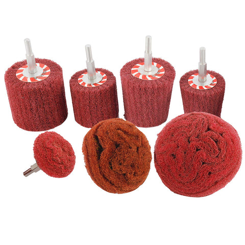 7 Piece Non-Woven Abrasive Buffing Wheel Set For Drill With One Quarter Inch Shank, red 320 grit wheels for metal and wood polishing