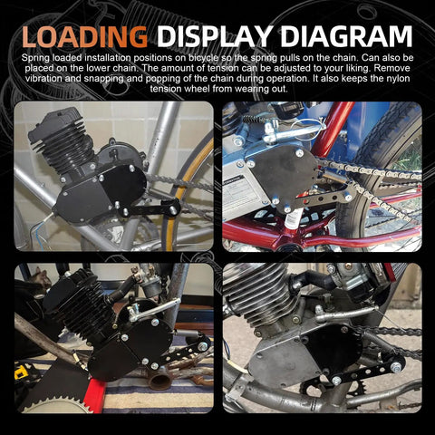 Installation of spring loaded chain tensioner for 49cc 66cc and 80cc 2 stroke motorized bikes with adjustable guide wheel