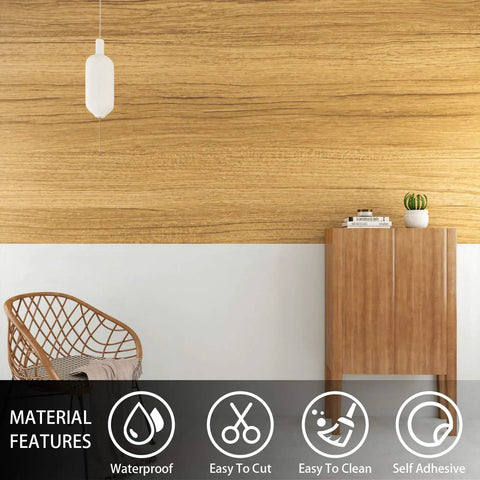 Natural Brown Wood Contact Paper Peel And Stick For Cabinets, Countertops, And Furniture, Waterproof Woodgrain Wallpaper Self Adhesive Removable 15.7x118 Inch Roll used on a wall with chair and cabinet.
