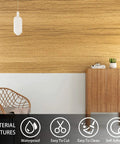 Living room with Natural Wood Peel and Stick Wallpaper Self Adhesive Wood Grain Contact Paper on wall above cabinet and chair.