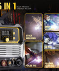 5 In 1 Welding Machine showing Stick Welding, Spot Welding, HF TIG, Pulse TIG, Plasma Cutting, with LED Display and controls