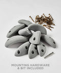 Image of gray rock climbing holds with screws and bit included, similar to Red 10 Screw On Plastic Rock Climbing Holds For Beginners.