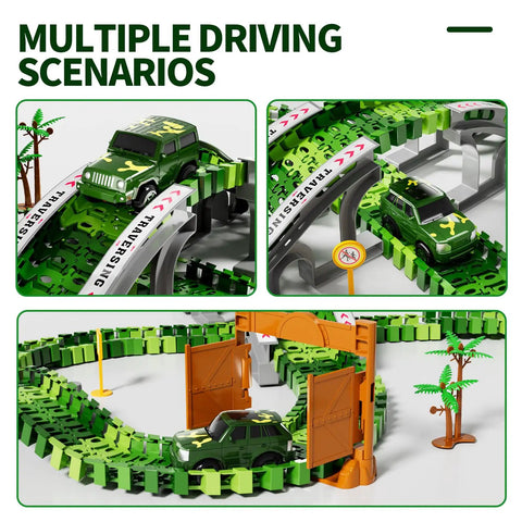Epic Race Track Dino Adventure Kit With Flexible Tracks 2 Electric Cars And 4 Dino Cars DIY Train Set For Kids Aged 3 To 7 Great Birthday Gift Party Games For Boys featuring green flexible tracks and cars.