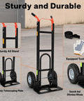 Heavy Duty 2 In 1 Hand Truck With 9 Inch Pneumatic Tires And 800 Pound Capacity Carbon Steel Moving Dolly featuring sturdy A3 steel construction.