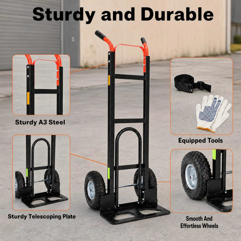 Heavy Duty 2 In 1 Hand Truck With 9 Inch Pneumatic Tires And 800 Pound Capacity Carbon Steel Moving Dolly featuring sturdy A3 steel construction.