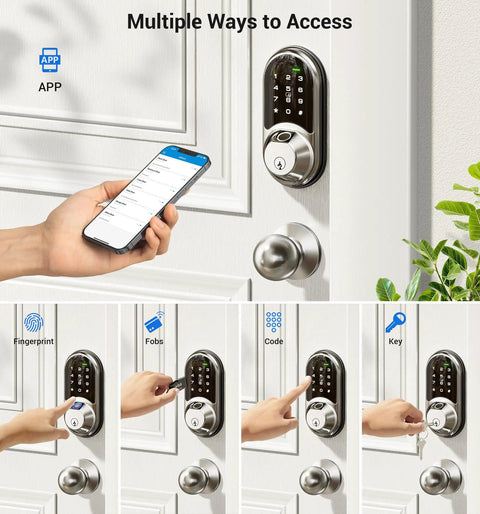 Top Shelf Fingerprint Smart Deadbolt Paired With Two Smooth Passage Knobs Offering No Fuss App Controlled Keyless Entry Security Solid Satin Nickel Hardware For Front Doors