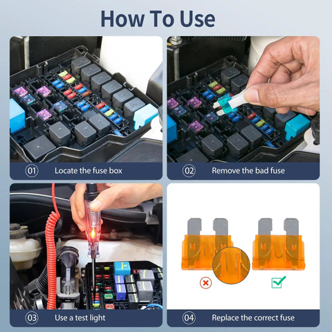 Steps to use All In One Auto Fuse Kit With 180 Pcs Blade Fuses And Puller for cars and more, showing fuse box and tester.